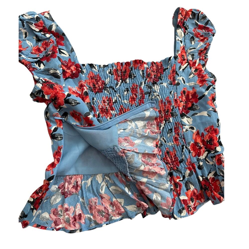 Zara Smocked Back Floral Cropped Top Red‎ & Blue Size Small - Picture 8 of 11